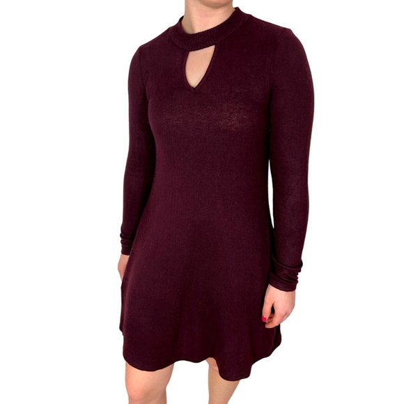 By And By Womens Sweater Dress Size Small Keyhole Neck Long Sleeve Pockets Wine - Picture 2 of 14